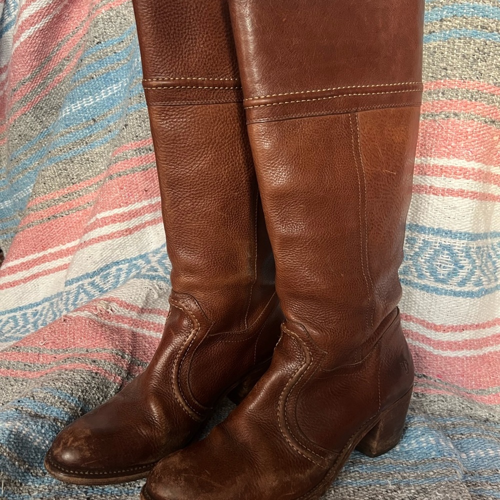 Frye Cognac Brown Leather Heeled Boots 14" Shaft - Picture 3 of 13